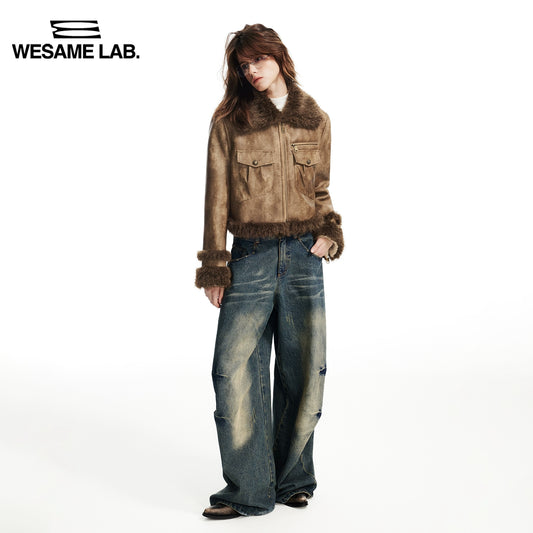 겨울 모피 통합 친환경 가죽 스트리트 레트로 브라운 하이 허리 여성을위한 느슨한 피팅 모피 코트