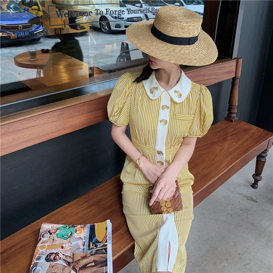 Yellow French Stripe Embroidery Shirt Dress