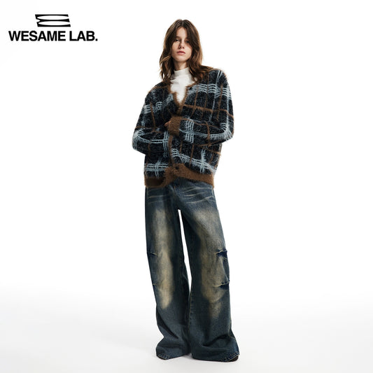 가을과 겨울 푸른 모방 세이블 느슨한 게으른 봉제 격자 무모한 니트 카디건 여성