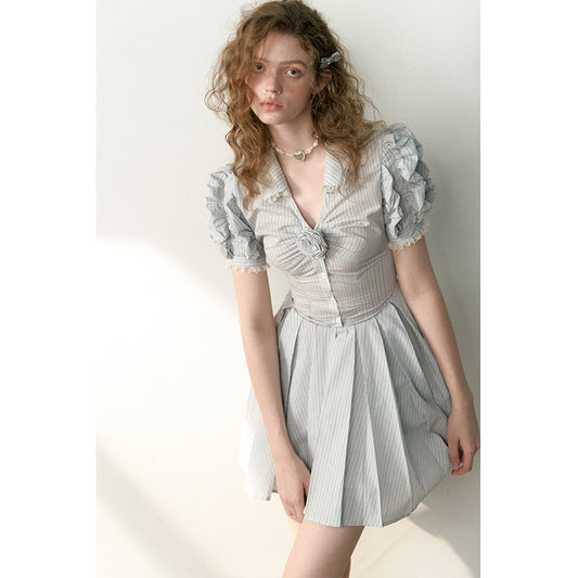 Blue Stripe Pleated Dress