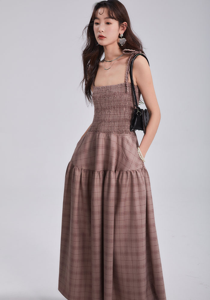 Original Design Pictorial Girl Vintage Plaid Fried Dough Twists Strap Strap Suspender Dress