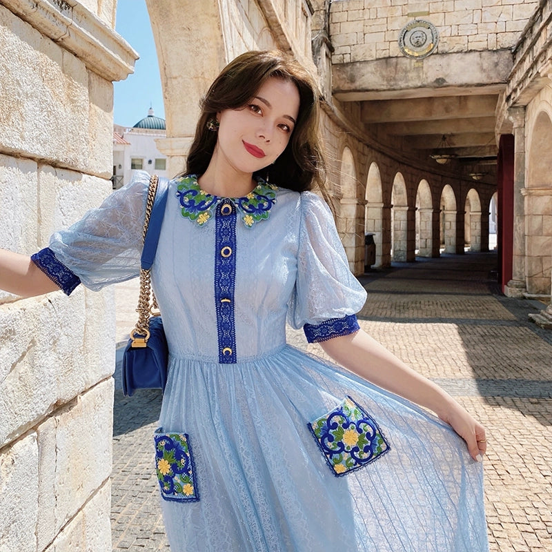 Blue Bubble Sleeves Lace Panel Wrap Dress