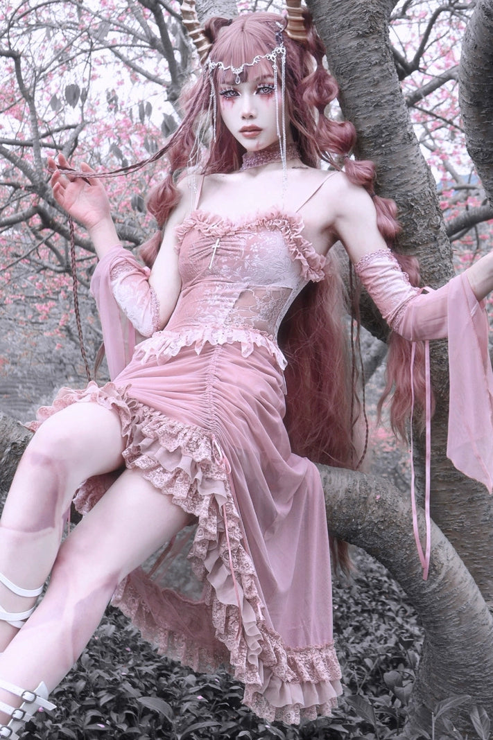 SAKURA VELVET PINK LACE STRAP Dress -One -piece dress featuring gorgeous  pink velvet fabric and lace straps belonging to fashion accessories  categories – Serendute