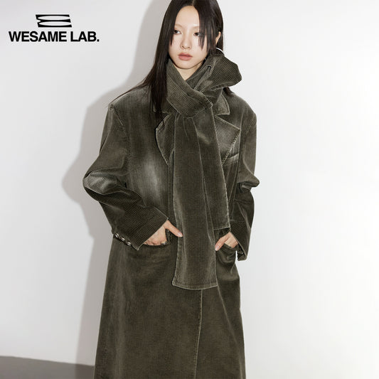 가을과 겨울 고급 단순 레트로 코듀로이 느슨한 씻은 긴 트렌치 코트