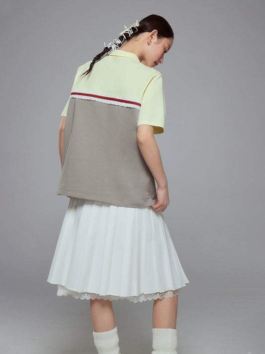 النقيض من الدانتيل -cotton البولو العنق t -shirt