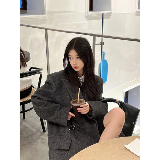 Grey Herringbone Wool Coat