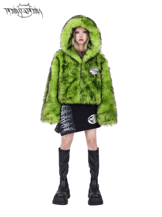 Green Patchwork Short Fur Jacket