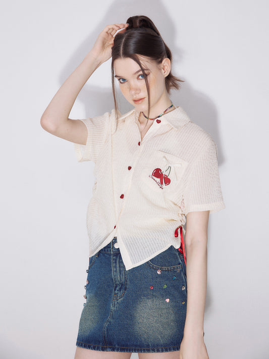 Cherry Embroidery Short Sleeve Shirt