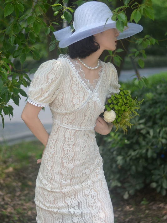 소 키스 진흙 살구 레이스 레이스 나비 오리지널 디자인 드레스 긴 드레스 흰 달빛 새로운 여름 달콤한 달콤한