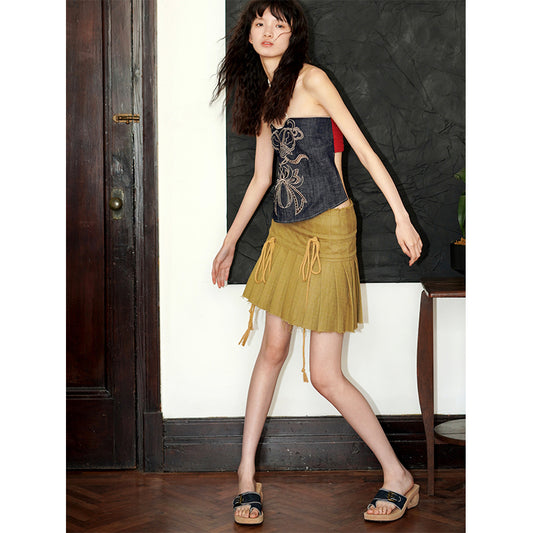 Denim Embroidered Halter Vest