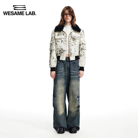 가을과 겨울의 새로운 따뜻한 실루엣 흰색 표범 프린트 스웨이드 칼라 기본 짧은 재킷면 재킷