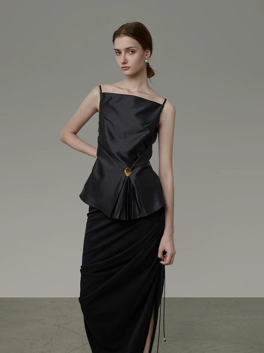 프랑스 주름 서스펜더 탱크 탑 여성의 검은 디자인 감각 작고 고급 감각 기질 슬림 핏 탑