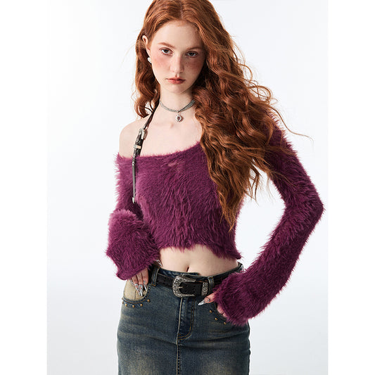Faux Mink One-Shoulder Sweater