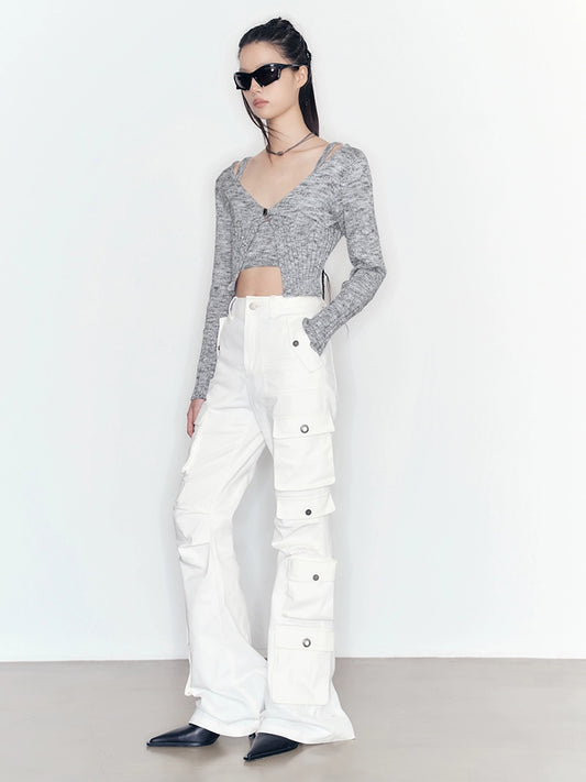 위안 원사 니트 v- 넥 가디건 세트