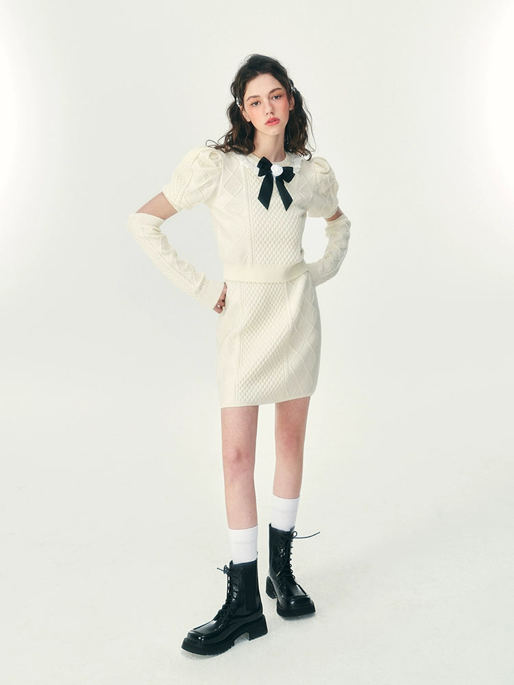 Beige Knitted Two-Piece Skirt Set