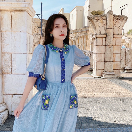 Blue Bubble Sleeves Lace Panel Wrap Dress