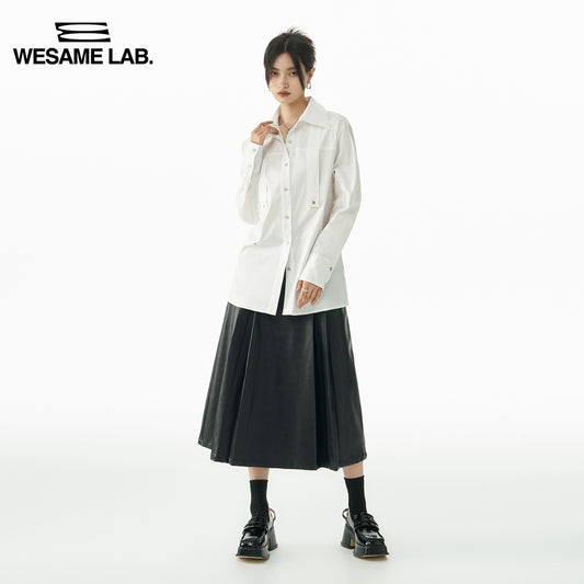 오리지널 디자인 감각 패션 A- 라인 스터드 미디 블랙 가죽 스커트 스커트 여성 가을과 겨울