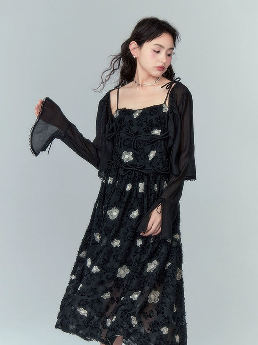 حزام ربطة عنق -فستان أسود embroidered