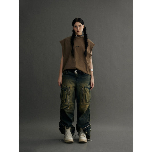 Retro Distressed - Pantalones de trabajo con múltiples bolsillos