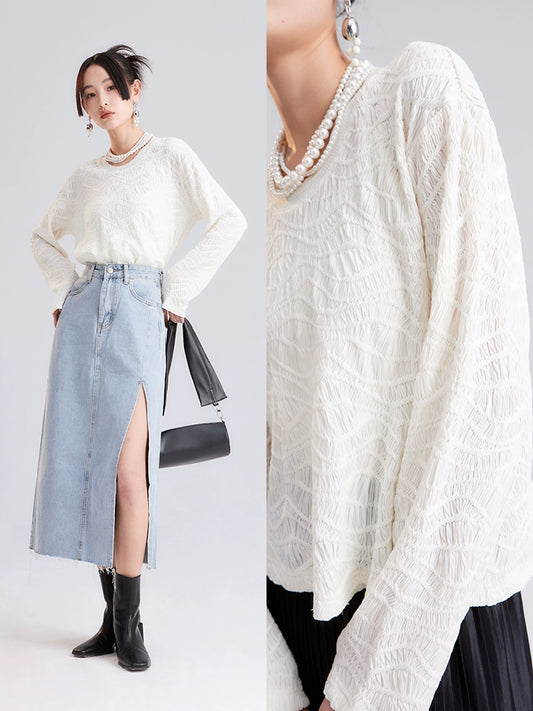 Original Design Sunshine Wave Pleated Texture Knitted Petal Collar Long Sleeve Early Autumn T-shirt