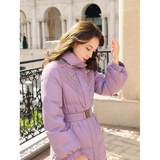 Mist Forest Wool Tweed Beaded Collar Down Jacket