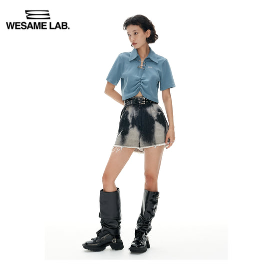 22s/s 원래 디자인 감각 소그룹 여성의 흰색 슬림 핏 짧은 상단 주름 폴로 셔츠