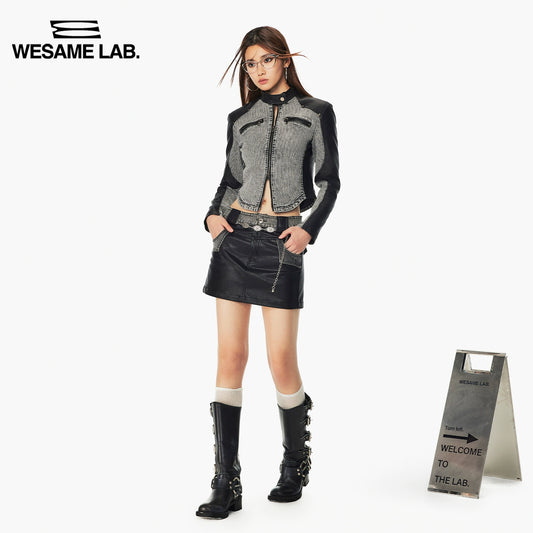 이른 가을 빈티지 가죽 스 플라이스 꽉 짧은 검은 회색 세척 오토바이 가죽 재킷을위한