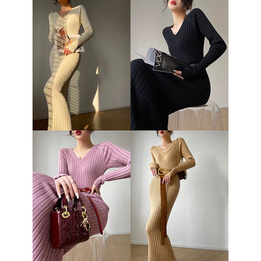 Slim V-Neck Knit Dress