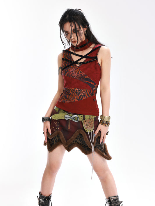 Heavy Duty Denim Leather Riveted Short Skirt - Original Design with Belt