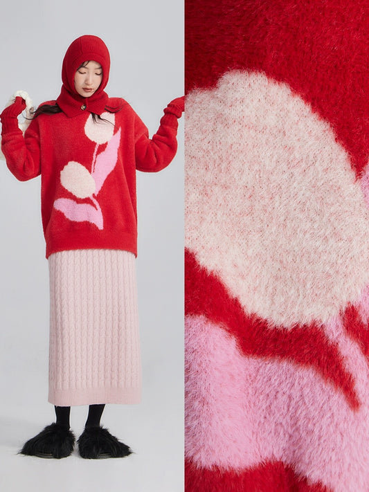 Original and niche design with ears, passionate love for tulips, lazy style, contrasting color wool woven round neck pullover sweater