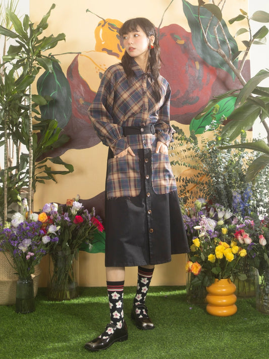 Patchwork a cuadros: set de camisa y falda suelta