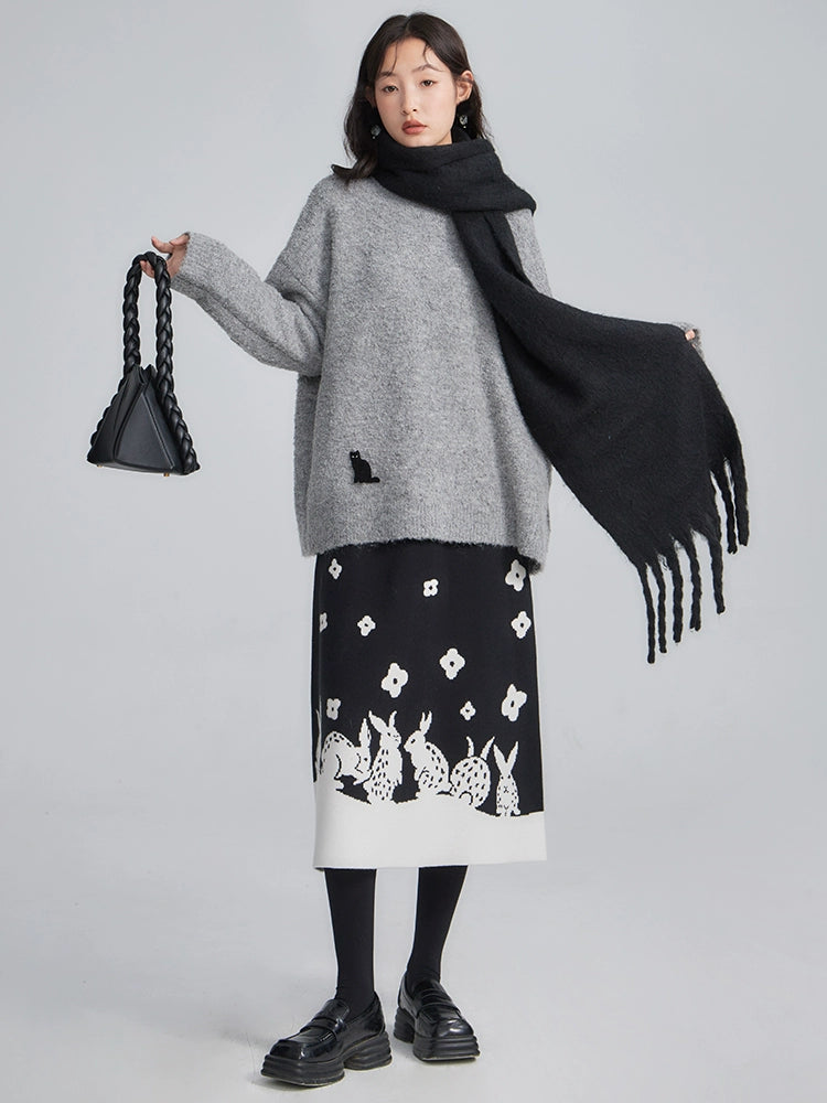 꽃 토끼 A- 라인 니트 스커트