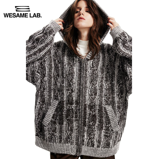 가을과 겨울 새로운 느슨하고 게으른 스타일 흰색 회색 후드 니트 스웨터 가디건 코트 여성