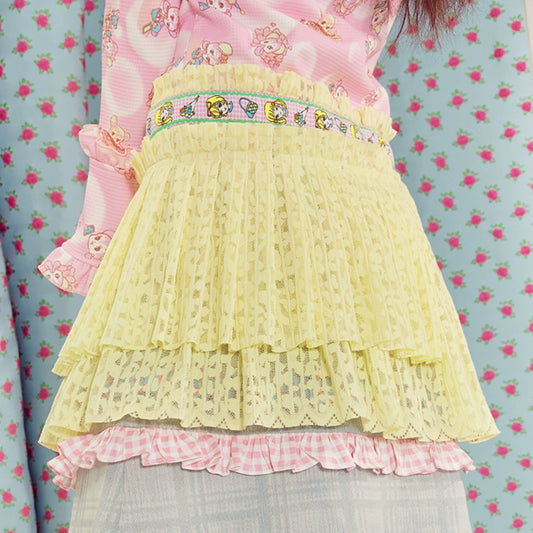 Yellow Lace Pleated Skirt