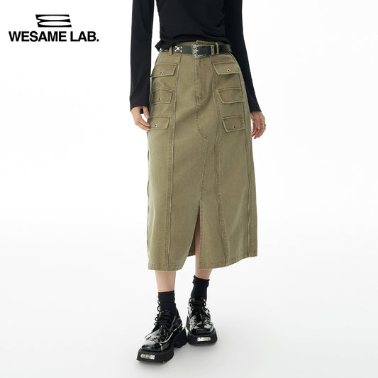 틈새 원래 디자인 레트로 아메리칸 세탁 반 스커트 작업 드레스 데님 하프 스커트 여성