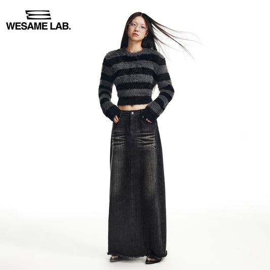 가을과 겨울 프리미엄 프린트 블랙 스트라이프 워시 워터 고양이 수염 긴 반향 긴 드레스 여자