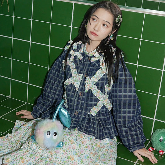 Spring Plaid Ruffle Denim Coat