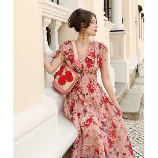 Natural Linen Red V-Neck Dress