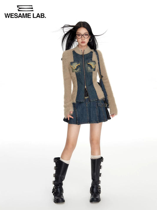 오리지널 이른 가을 빈티지 고급 갈색 지퍼 가디건 슬림 한 니트 데님 패널 스웨터