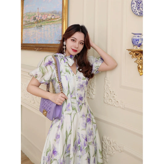 Purple Iris V-Neck Tea Break Dress