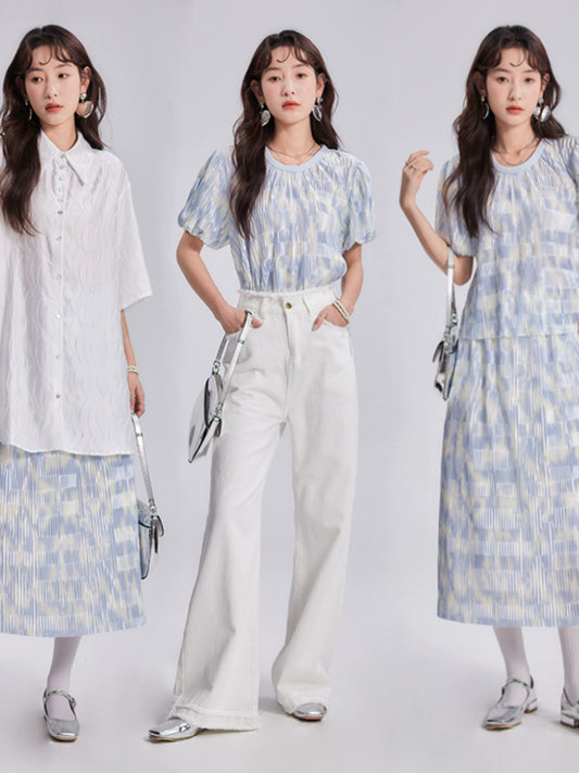 مجموعة تنورة قميص ثلج البحر الأزرق الماسي الأزرق