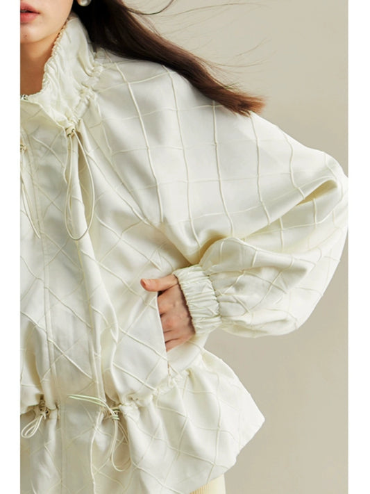 Original Design Citywalk Light Sporty Diamond Checker Satin Short Loose Windbreaker Coat