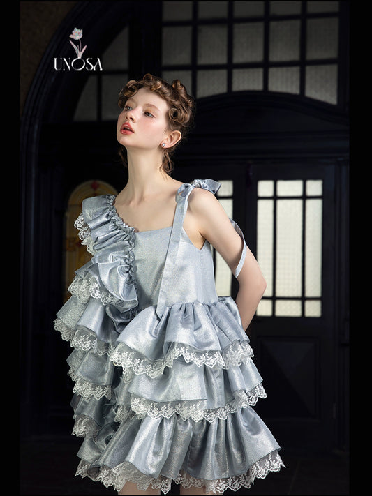 Silver White Sparkling Lace Asymmetrical A-Line Doll Dress