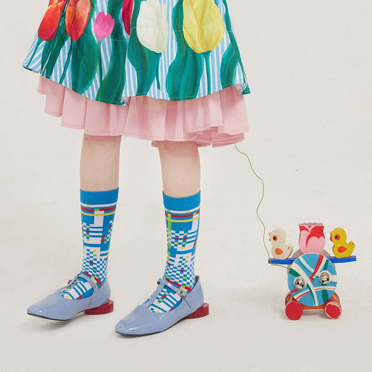 Blue Checkered Cotton Socks