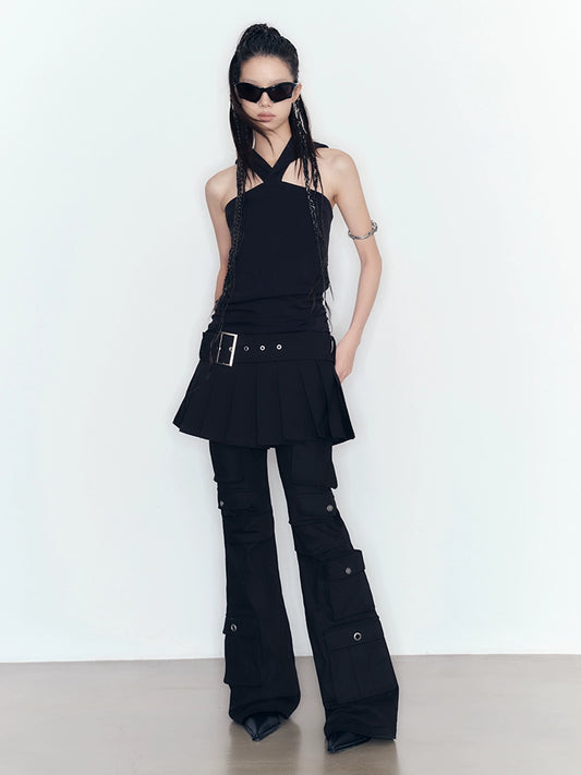 위안 검은 탄성 캐주얼 바지