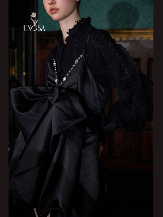 Black Satin Gemstone Beaded Dress with Blossom Detail