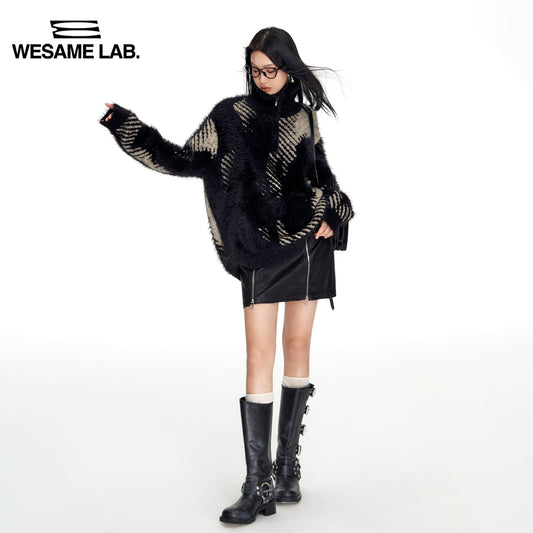 느슨하고 게으른 빈티지 흑백 풀 오버 초 이른 가을 반 지퍼 스탠드 목에 대비 니트 스웨터