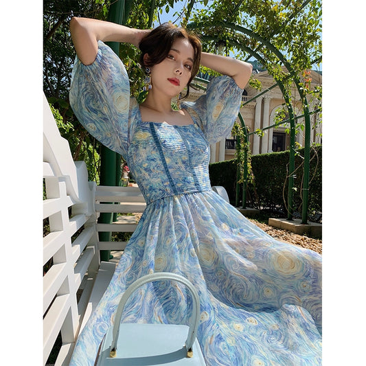 Square Neck Retro Waist Wrap Dress