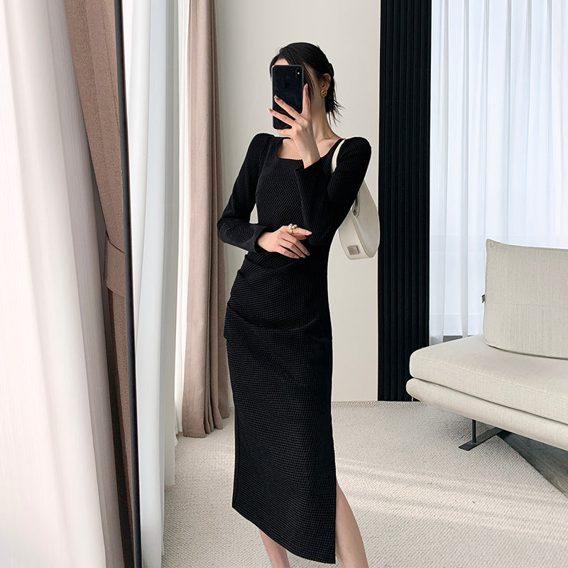 French Velvet Square Neck Dress