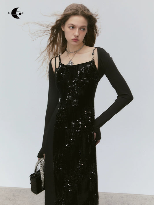 Black Sequin Goddess Style Dress Set
